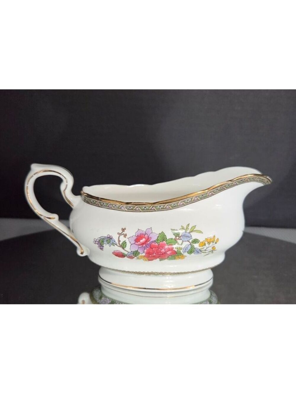 Vintage Floral Porcelain Gravy Boat with Gold Trim & Decorative Handle paragon